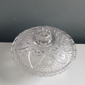 Clear Crystal Glass Footed Cake Stand Dome Lid Heart Etched Vintage Serving